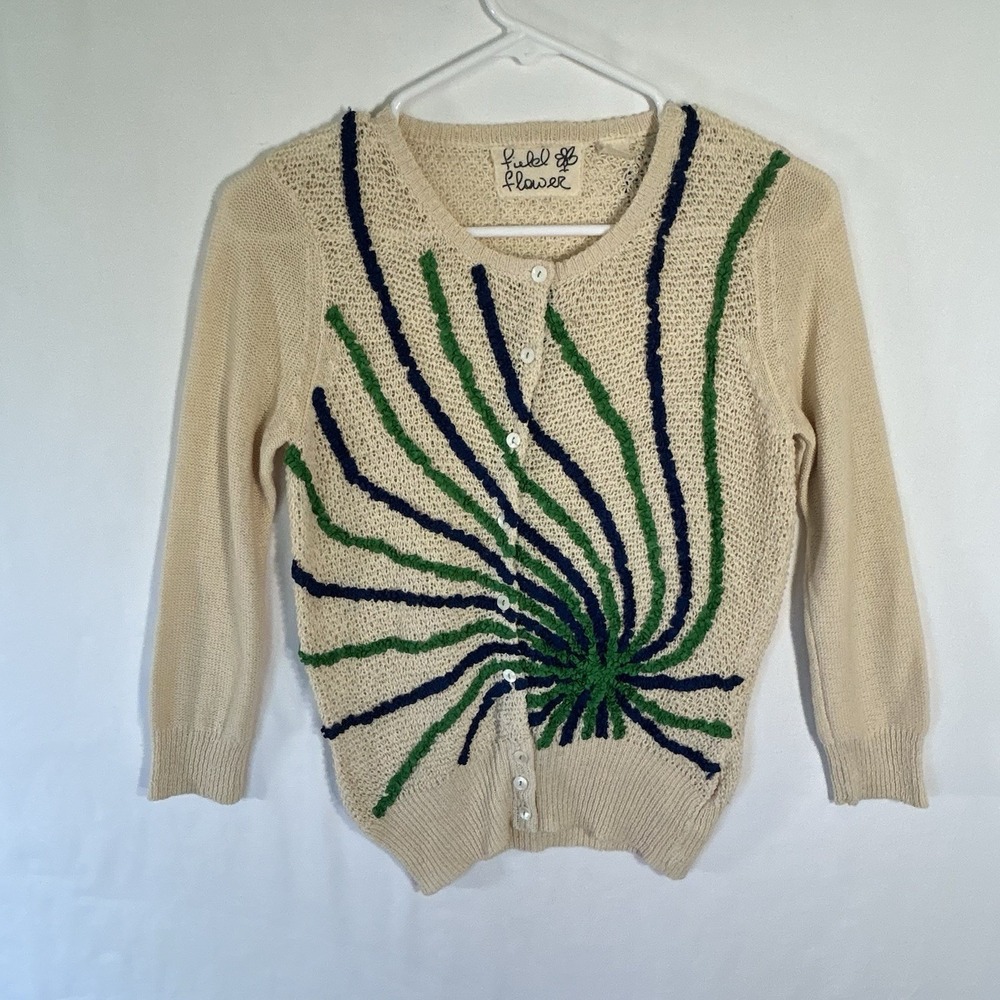Anthropologie Field Flower Swirl Embroidered Cardigan Sweater Cream Beige Small